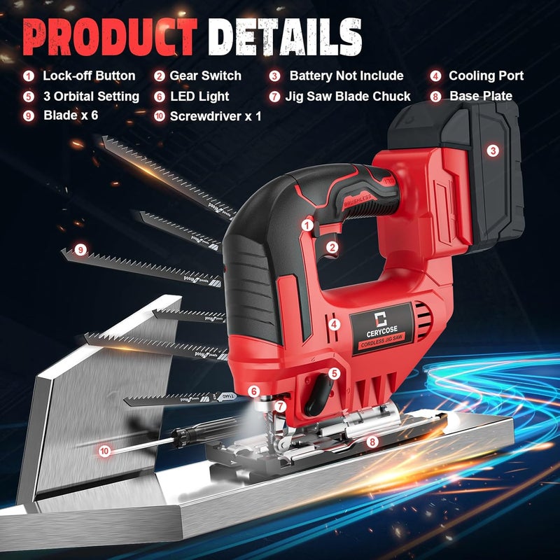 Cerycose Jigsaw Compatible With Milwaukee 18V, Cordless jigsaw tool, Brushless Motor, 0°- 45° Bevel Cuts, LED Light with 3 Position Orbital Setting for Straight/Curve/Bevel/Circle Cutting (NO Battery) - Image 2